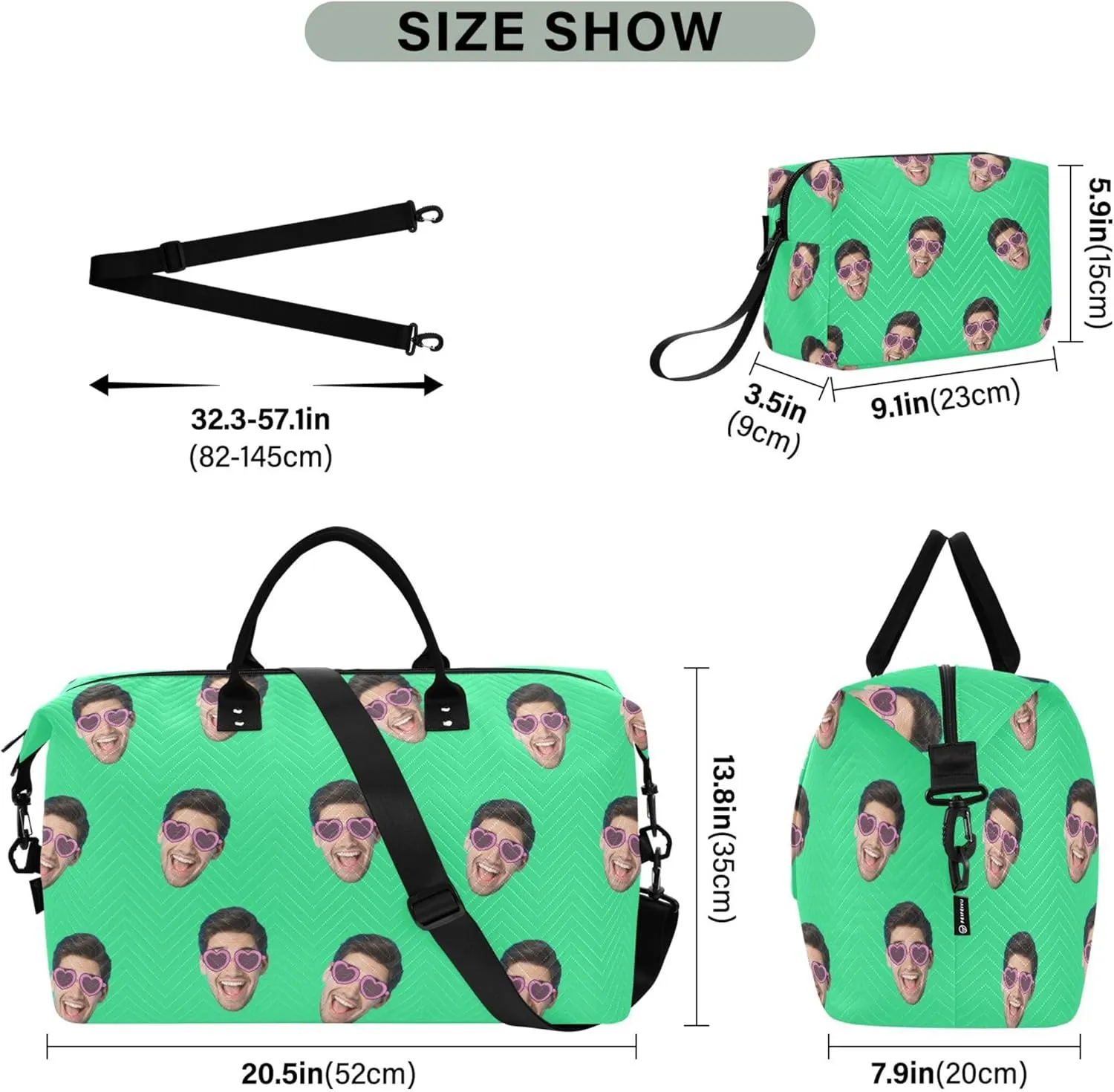 Bright Green Custom Photo Travel Duffel Bag with Toiletry Bag Personalized Weekender Bag for Travel Business Sports Large Gym Carry On Bag for Women & Men