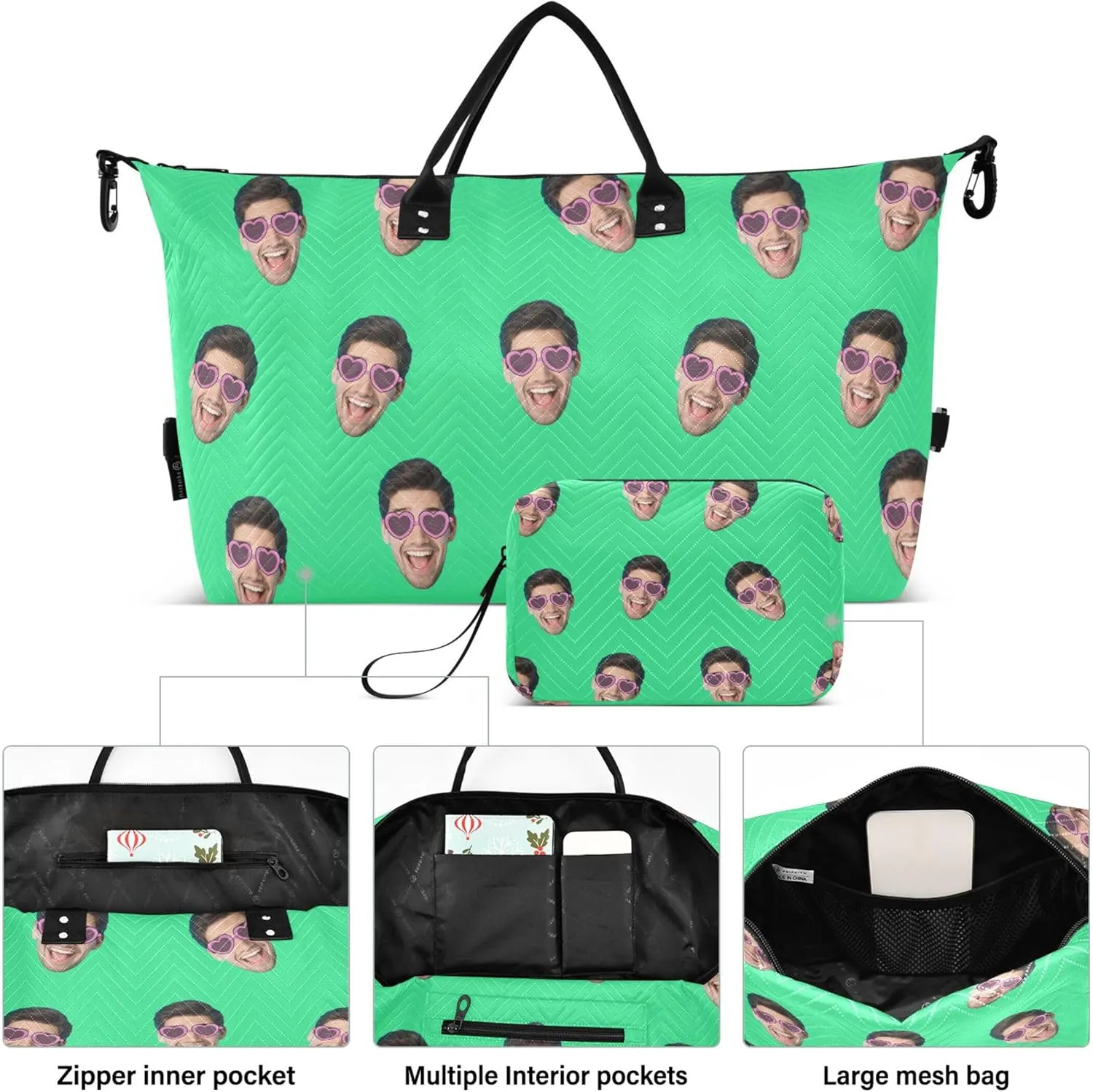 Bright Green Custom Photo Travel Duffel Bag with Toiletry Bag Personalized Weekender Bag for Travel Business Sports Large Gym Carry On Bag for Women & Men