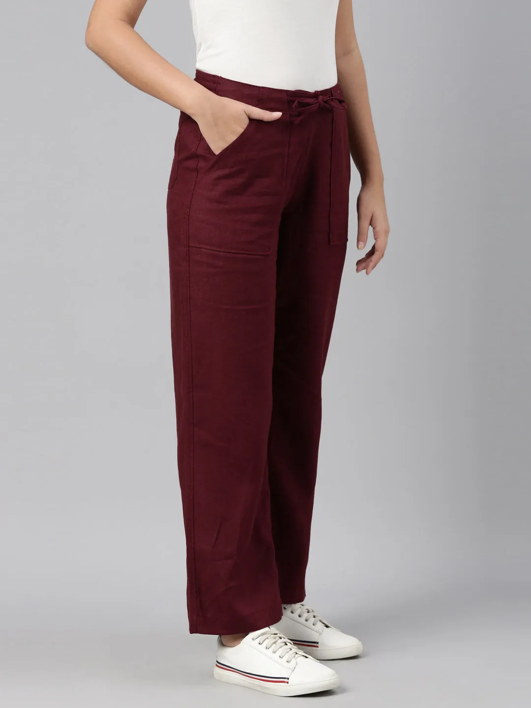 Bright Maroon Linen Cargo Pants