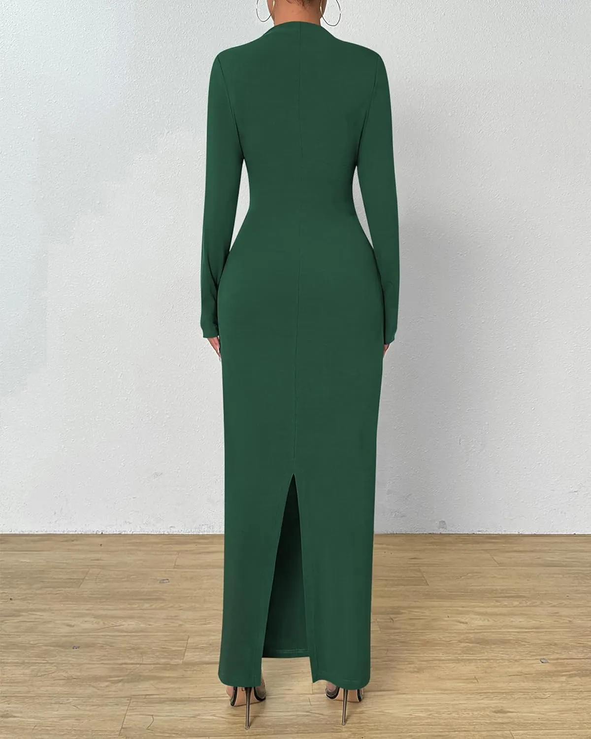 BTFBM Women Bodycon Maxi Dress Long Sleeve Back Slit Ruched Elegant Party Cocktail Formal Spring Wedding Guest Dresses