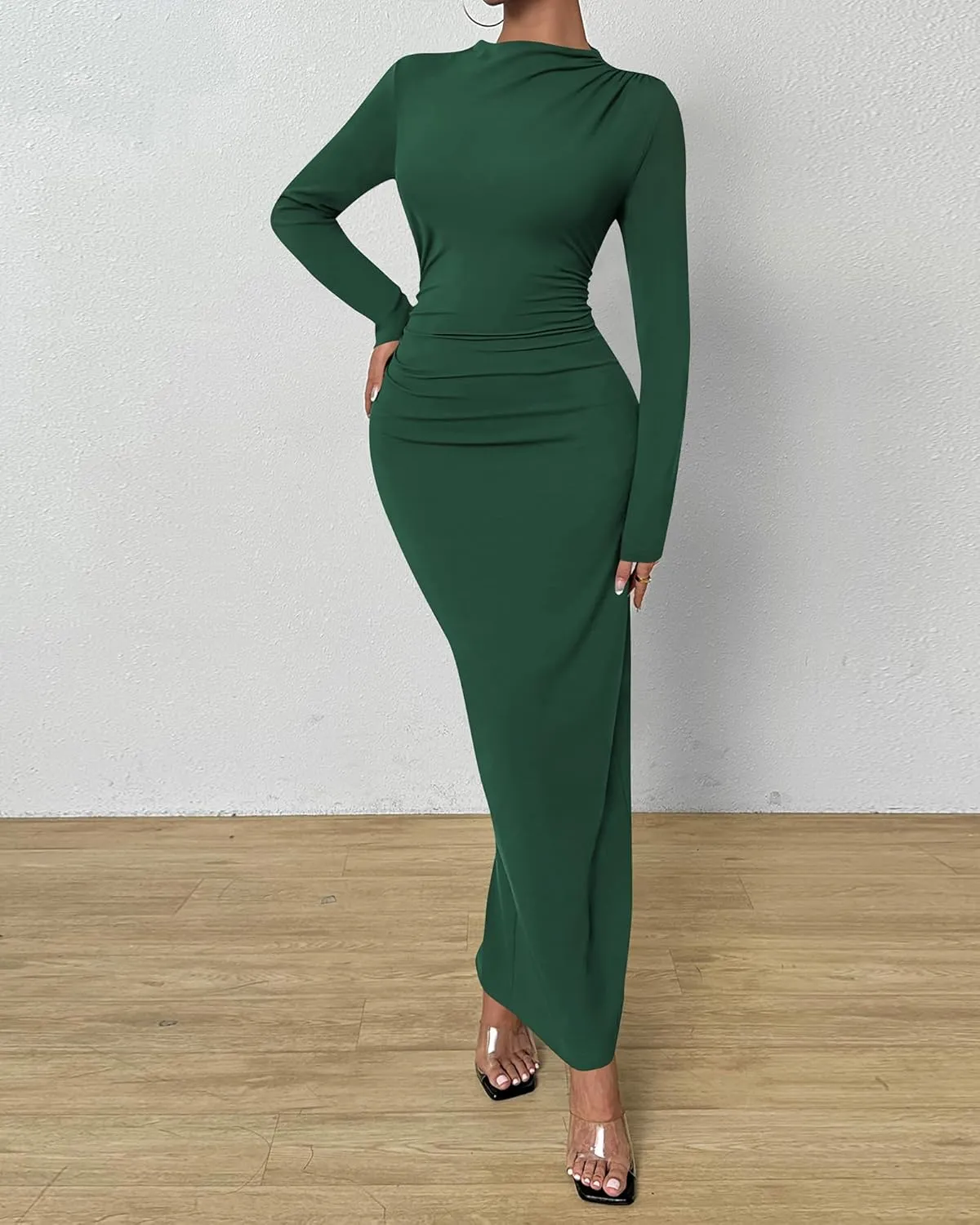 BTFBM Women Bodycon Maxi Dress Long Sleeve Back Slit Ruched Elegant Party Cocktail Formal Spring Wedding Guest Dresses