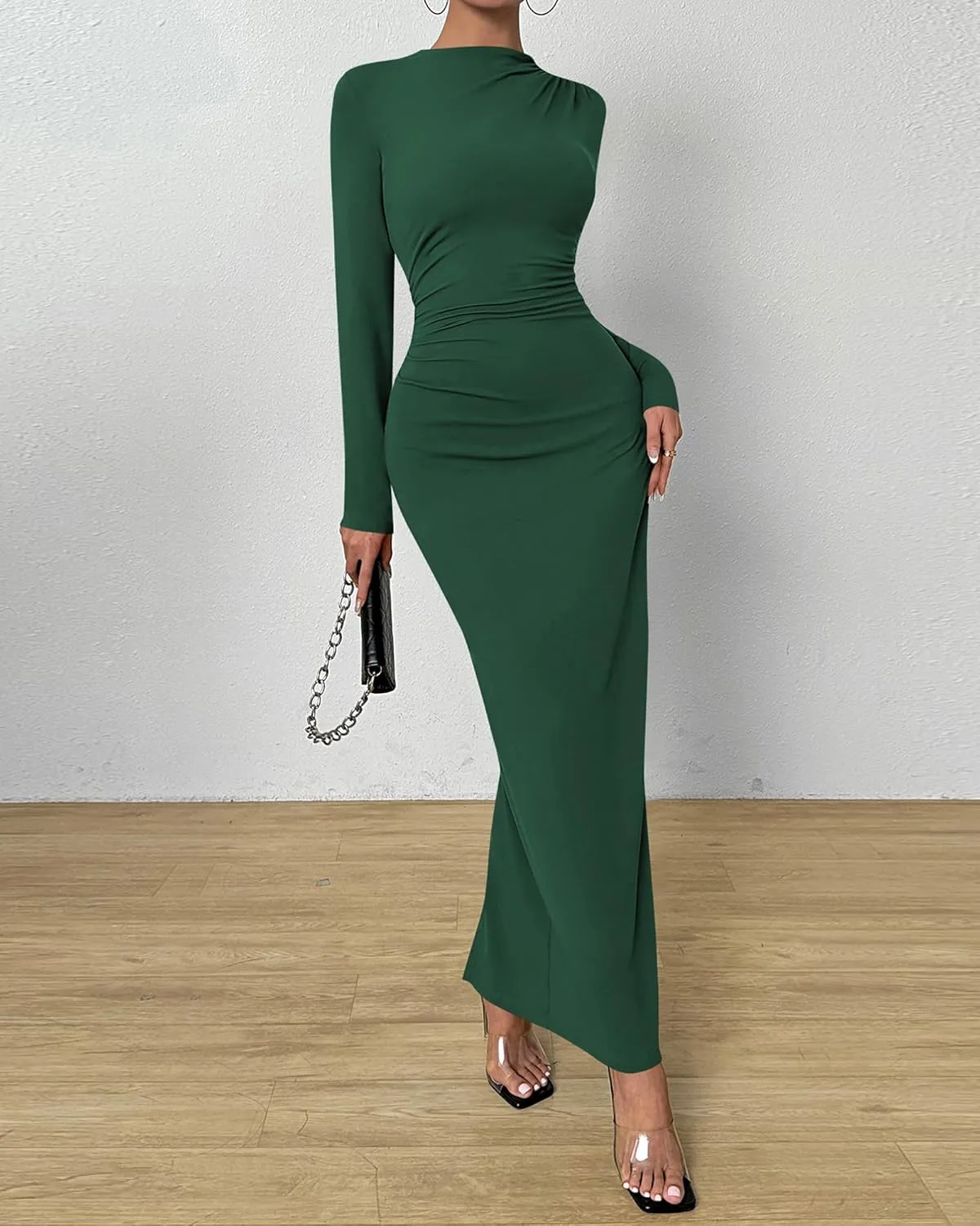 BTFBM Women Bodycon Maxi Dress Long Sleeve Back Slit Ruched Elegant Party Cocktail Formal Spring Wedding Guest Dresses