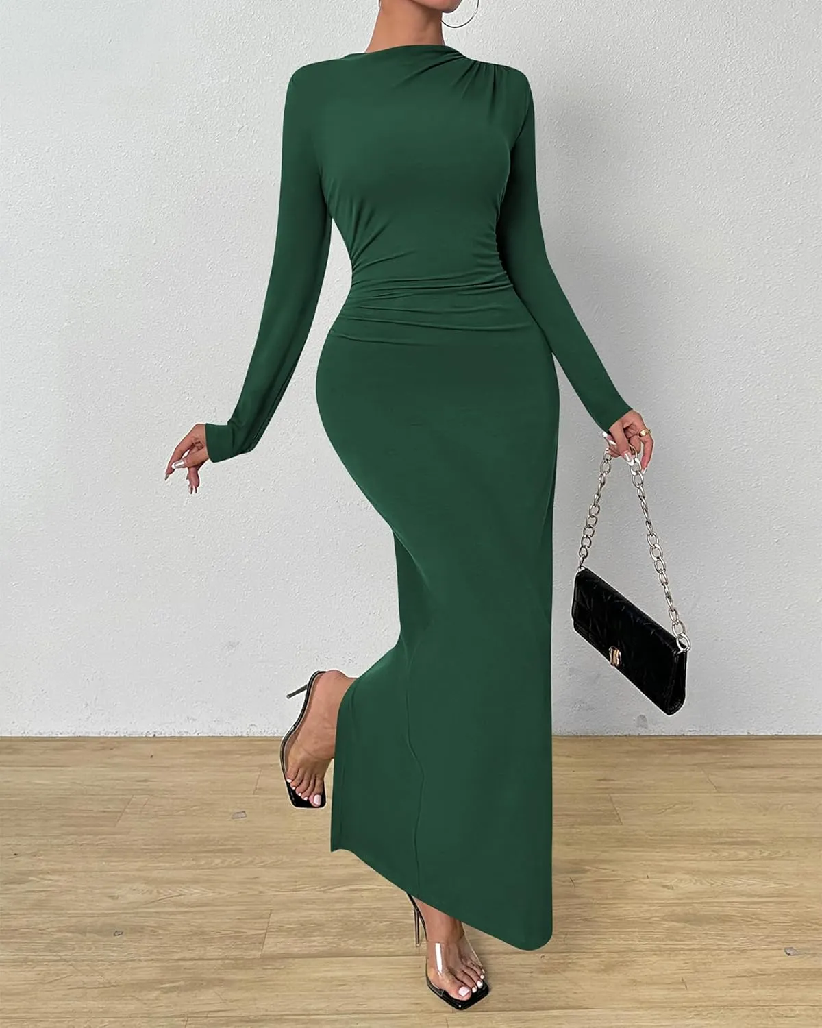 BTFBM Women Bodycon Maxi Dress Long Sleeve Back Slit Ruched Elegant Party Cocktail Formal Spring Wedding Guest Dresses