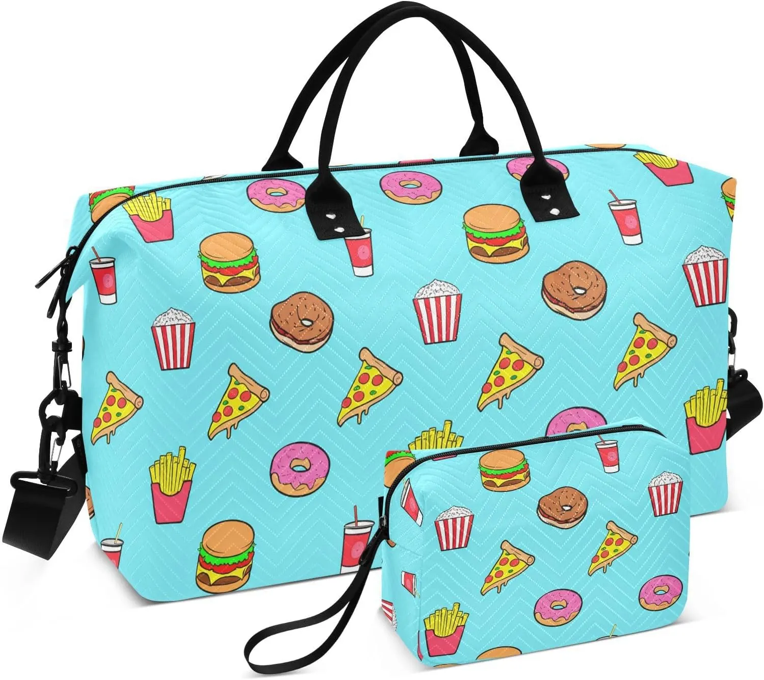 Burger Pizza Donut Fries Sports Gym Bag for Women Men Travel Duffel Bag Weekend Overnight Carry on Bag with Toiletry Bag Training Handbag for Workout Swimming Yoga Plane Hospital