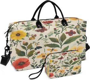 Butterfly Floral Beige Sports Gym Bag for Women Men Travel Duffel Bag Weekend Overnight Carry on Bag with Toiletry Bag Training Handbag for Yoga Workout Swimming Hospital Plane