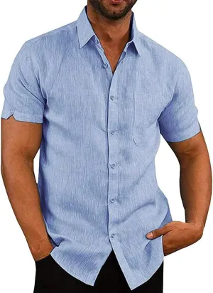 Button Down Short Sleeve Linen Shirts for Men Summer Casual Cotton Spread Collar Beach Shirts