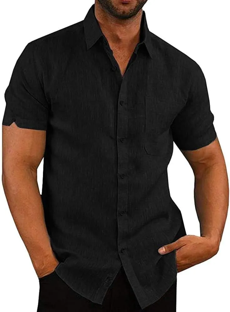 Button Down Short Sleeve Linen Shirts for Men Summer Casual Cotton Spread Collar Beach Shirts