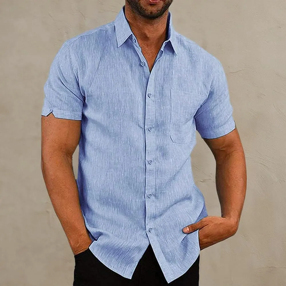 Button Down Short Sleeve Linen Shirts for Men Summer Casual Cotton Spread Collar Beach Shirts