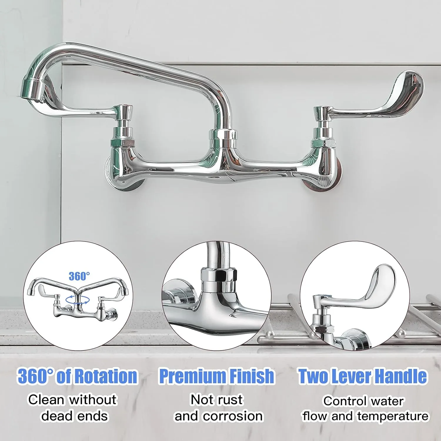 BWE Kitchen Sink Faucet, Wall Mount 2 Handle with Swivel Spout 8" Center Sink Faucet Commercial Polished Chrome Utility Laundry Restaurant Bar Mixer Tap Brass Constructed