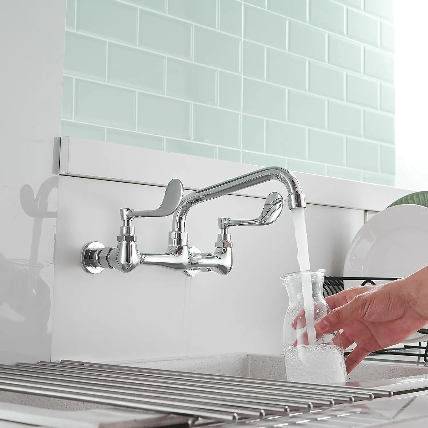 BWE Kitchen Sink Faucet, Wall Mount 2 Handle with Swivel Spout 8" Center Sink Faucet Commercial Polished Chrome Utility Laundry Restaurant Bar Mixer Tap Brass Constructed