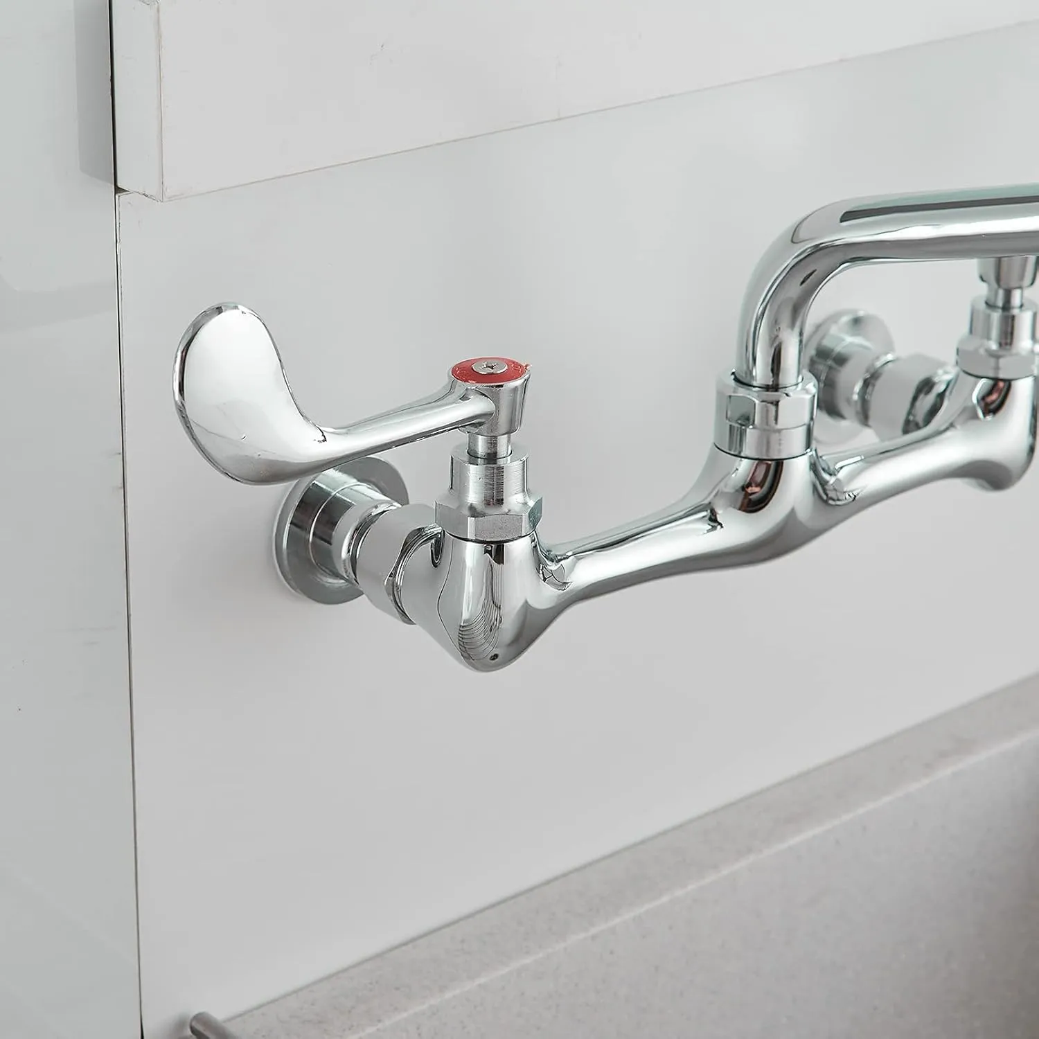 BWE Kitchen Sink Faucet, Wall Mount 2 Handle with Swivel Spout 8" Center Sink Faucet Commercial Polished Chrome Utility Laundry Restaurant Bar Mixer Tap Brass Constructed