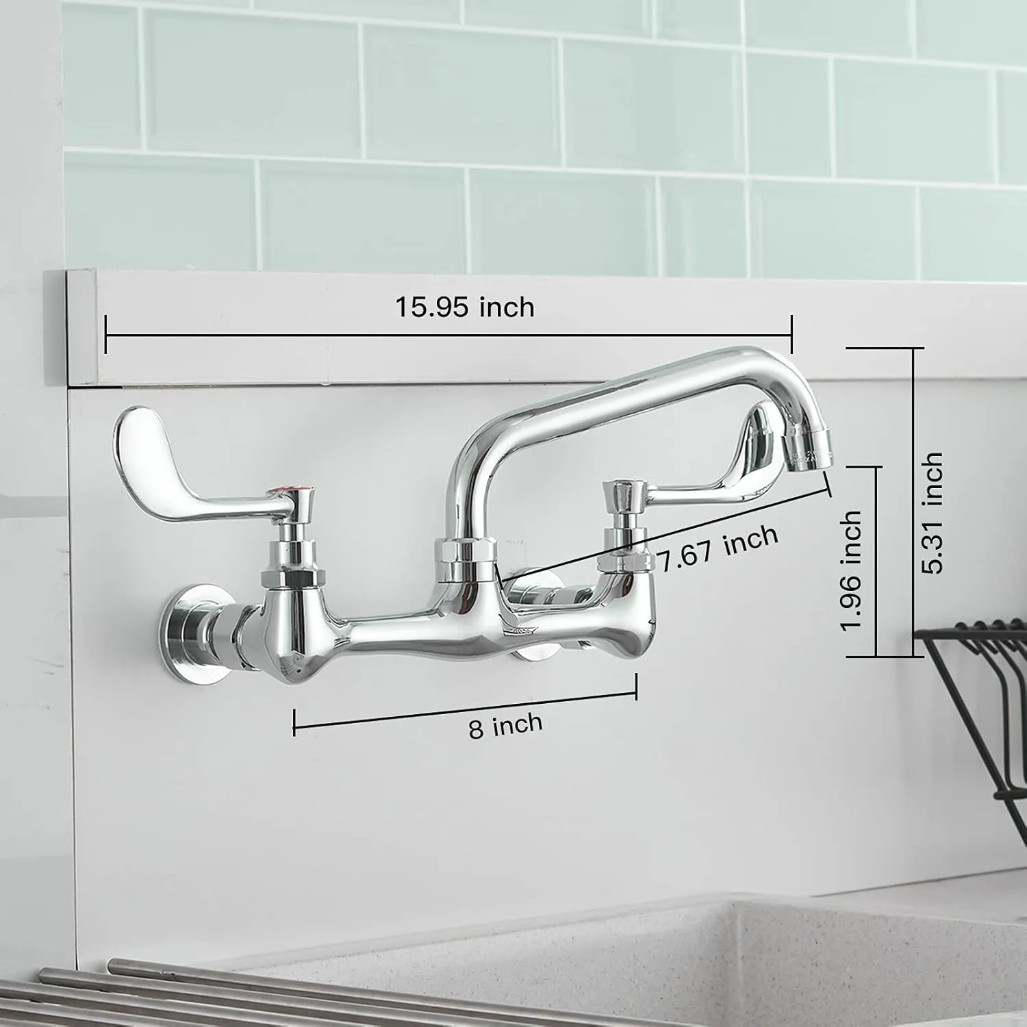 BWE Kitchen Sink Faucet, Wall Mount 2 Handle with Swivel Spout 8" Center Sink Faucet Commercial Polished Chrome Utility Laundry Restaurant Bar Mixer Tap Brass Constructed