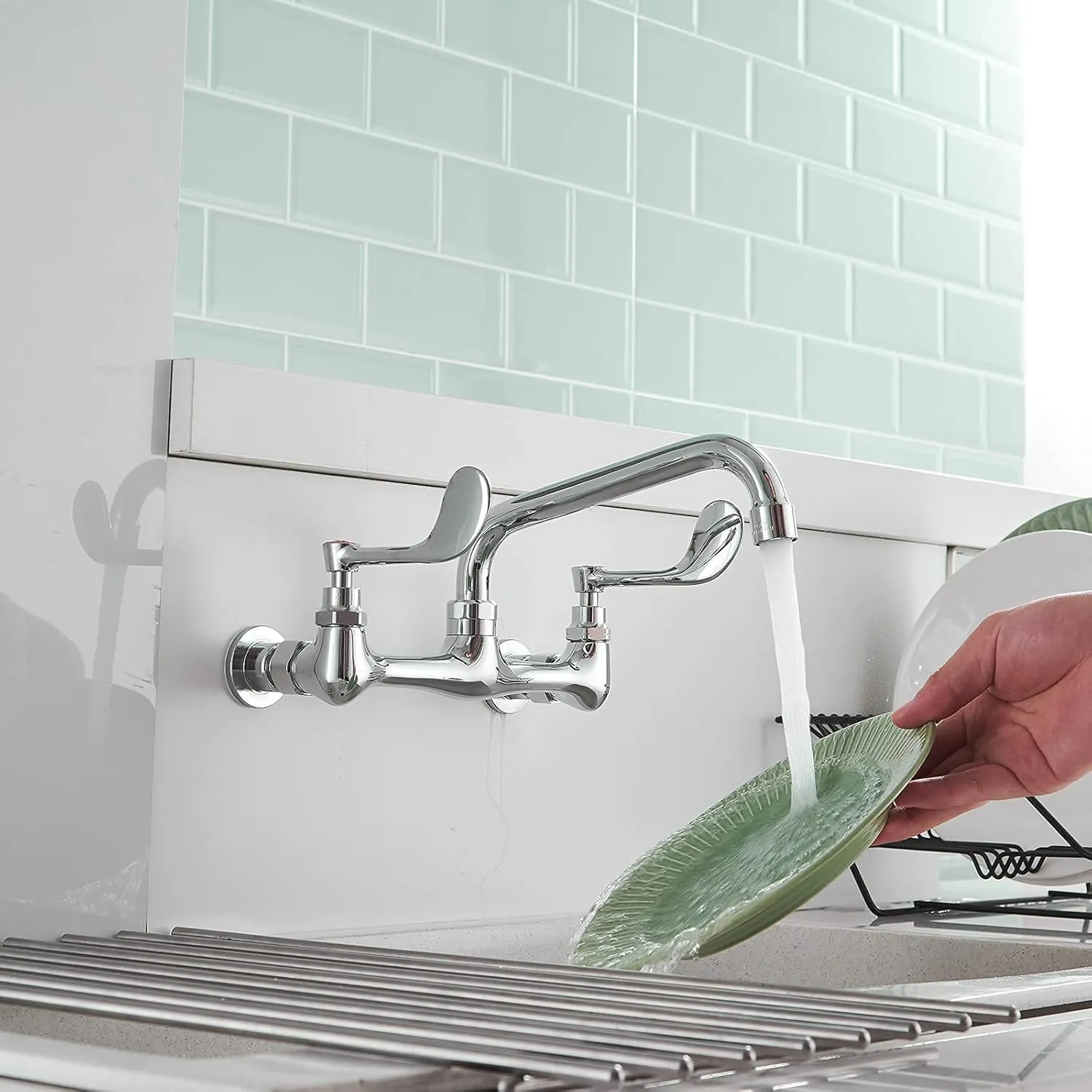 BWE Kitchen Sink Faucet, Wall Mount 2 Handle with Swivel Spout 8" Center Sink Faucet Commercial Polished Chrome Utility Laundry Restaurant Bar Mixer Tap Brass Constructed