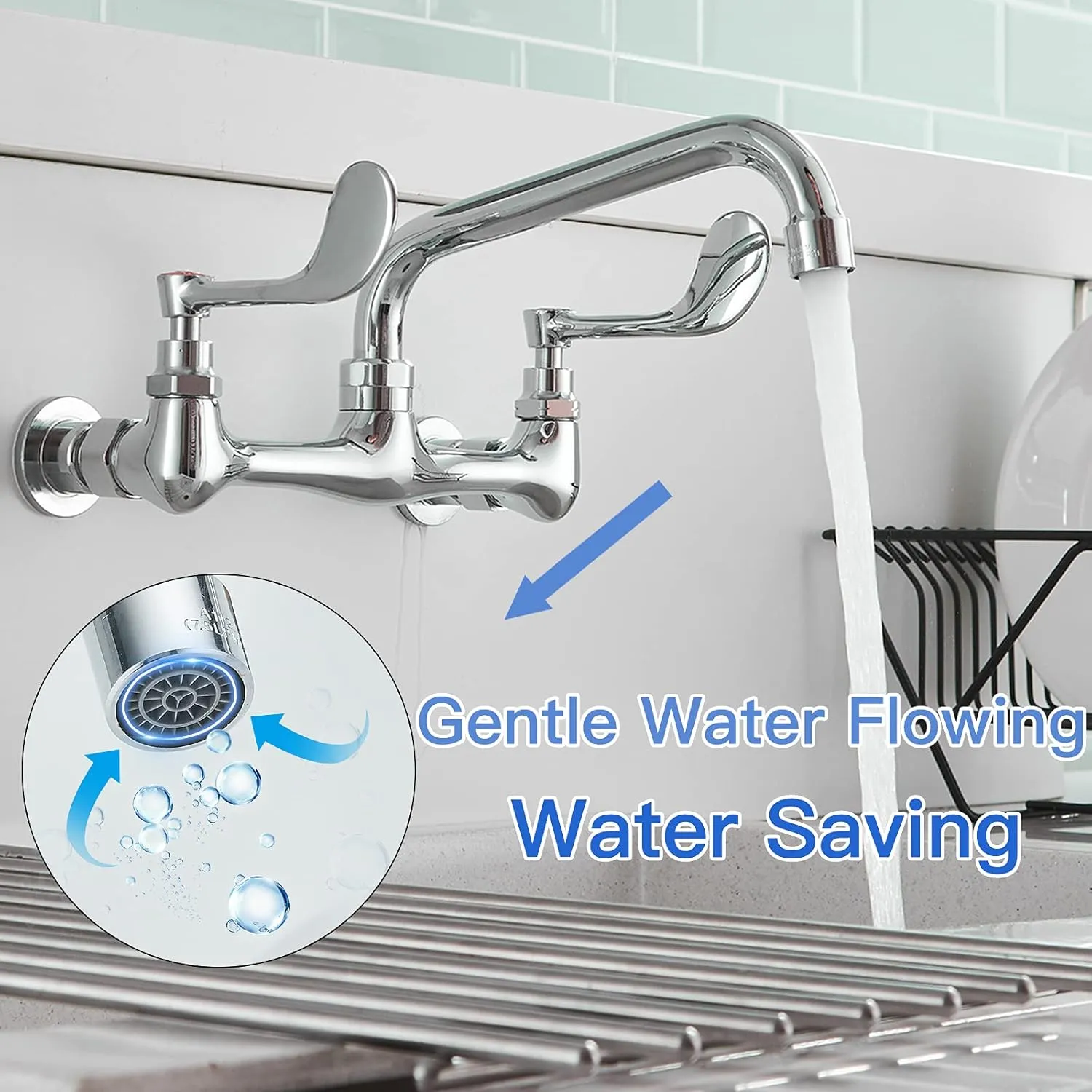BWE Kitchen Sink Faucet, Wall Mount 2 Handle with Swivel Spout 8" Center Sink Faucet Commercial Polished Chrome Utility Laundry Restaurant Bar Mixer Tap Brass Constructed