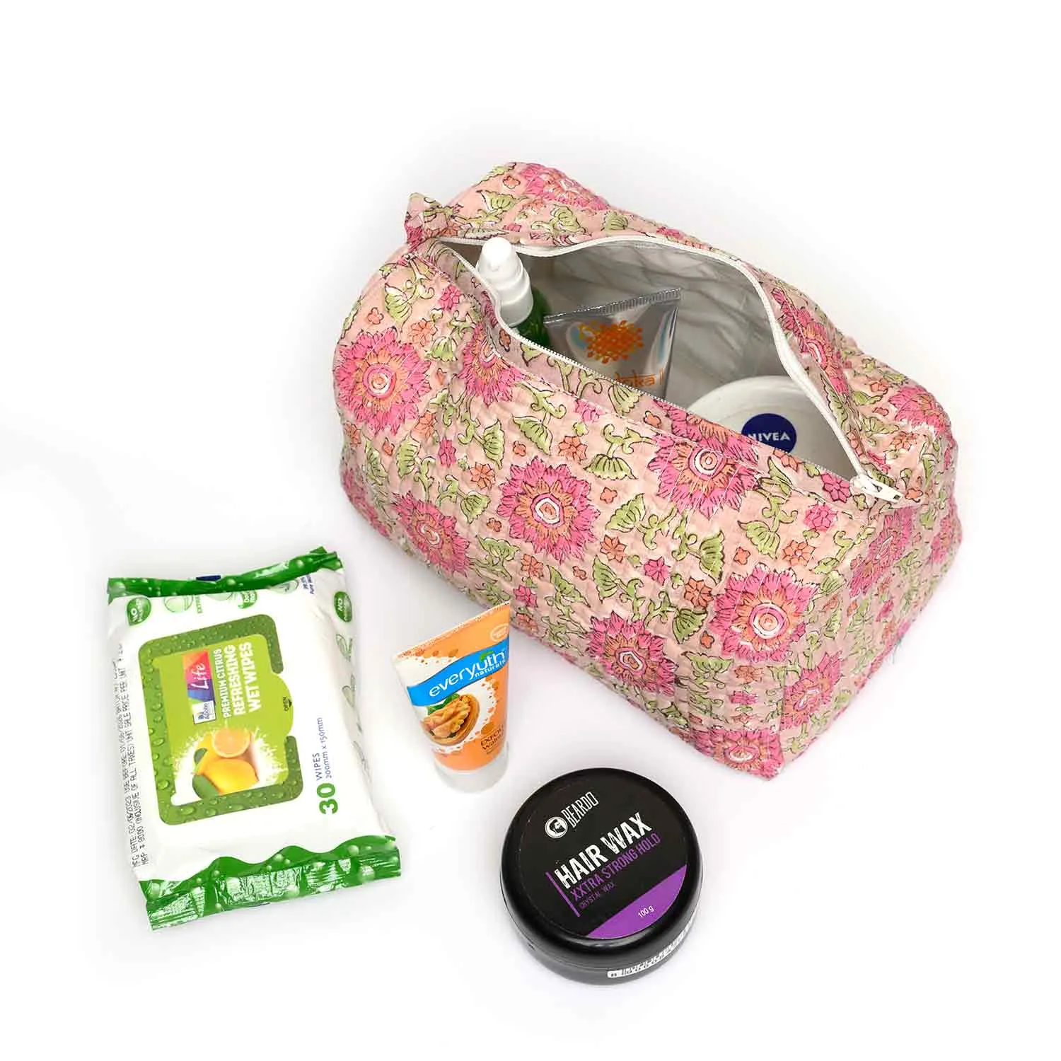 CALENDULA JAAL BLOCK PRINT QUILTED TOILETRY POUCH