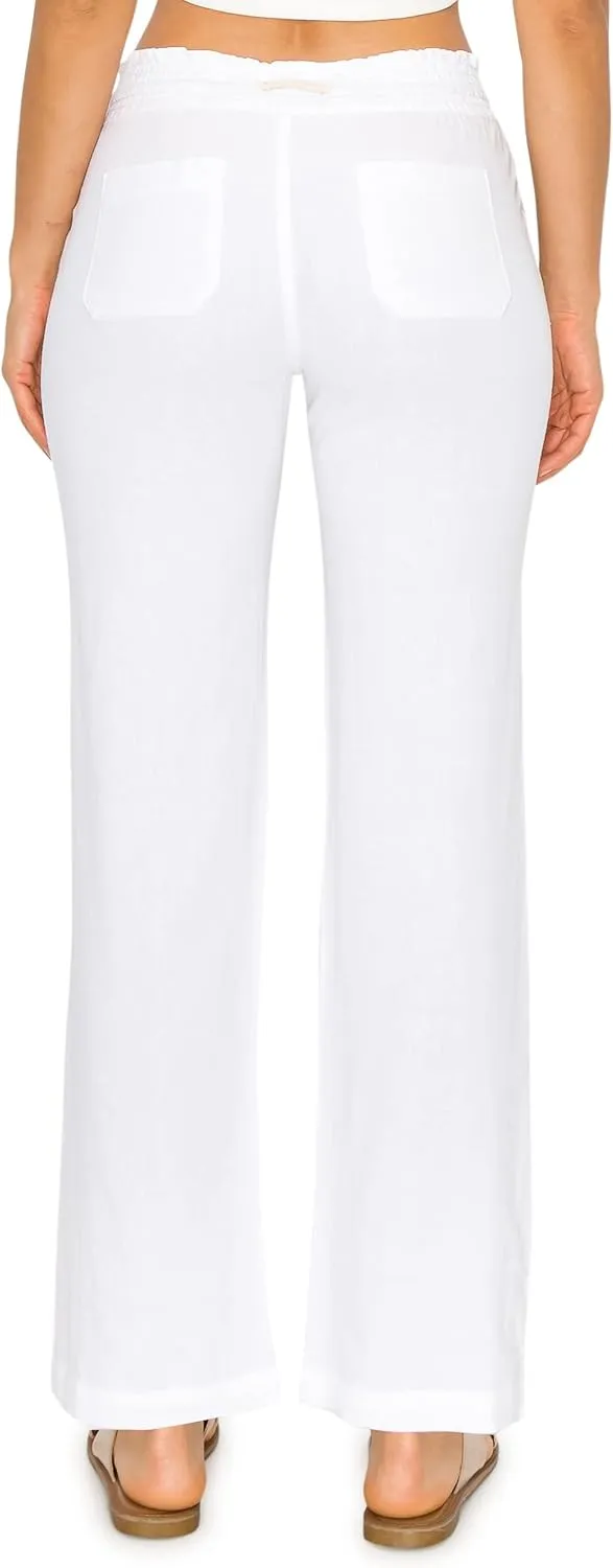 Cali1850 Women's Casual Linen Pants - 29", 32" Oceanside Drawstring Smocked Waist Beach Lounge Trousers with Pockets