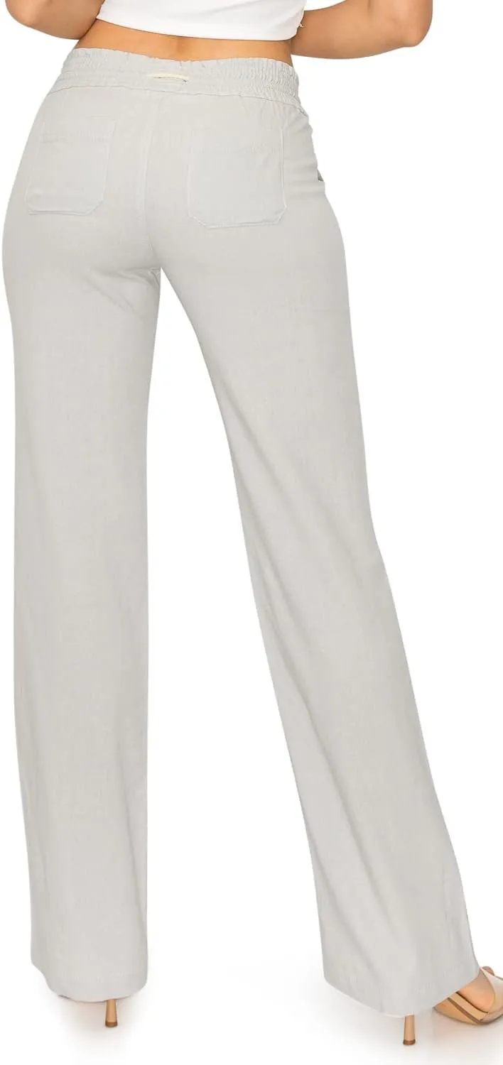 Cali1850 Women's Casual Linen Pants - 29", 32" Oceanside Drawstring Smocked Waist Beach Lounge Trousers with Pockets