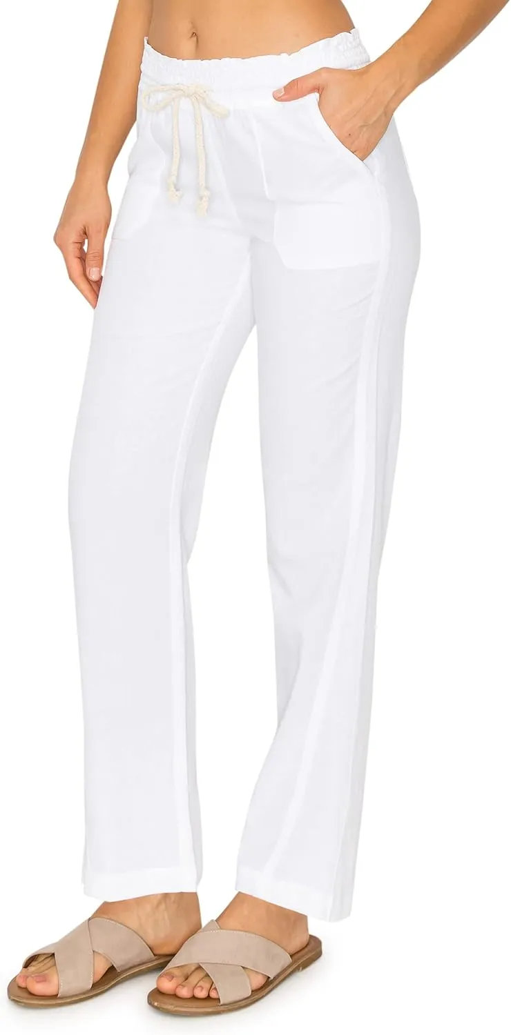 Cali1850 Women's Casual Linen Pants - 29", 32" Oceanside Drawstring Smocked Waist Beach Lounge Trousers with Pockets