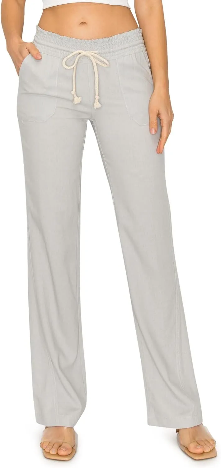 Cali1850 Women's Casual Linen Pants - 29", 32" Oceanside Drawstring Smocked Waist Beach Lounge Trousers with Pockets