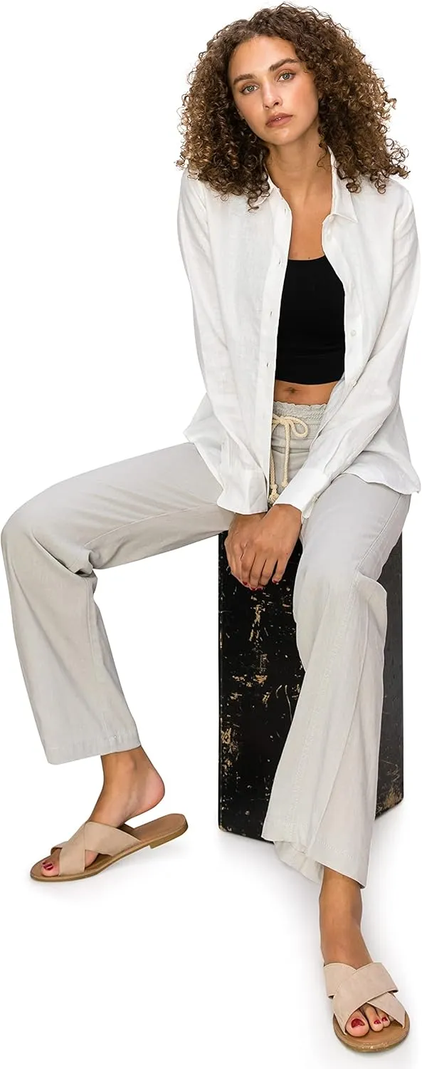 Cali1850 Women's Casual Linen Pants - 29", 32" Oceanside Drawstring Smocked Waist Beach Lounge Trousers with Pockets