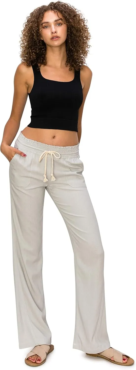 Cali1850 Women's Casual Linen Pants - 29", 32" Oceanside Drawstring Smocked Waist Beach Lounge Trousers with Pockets