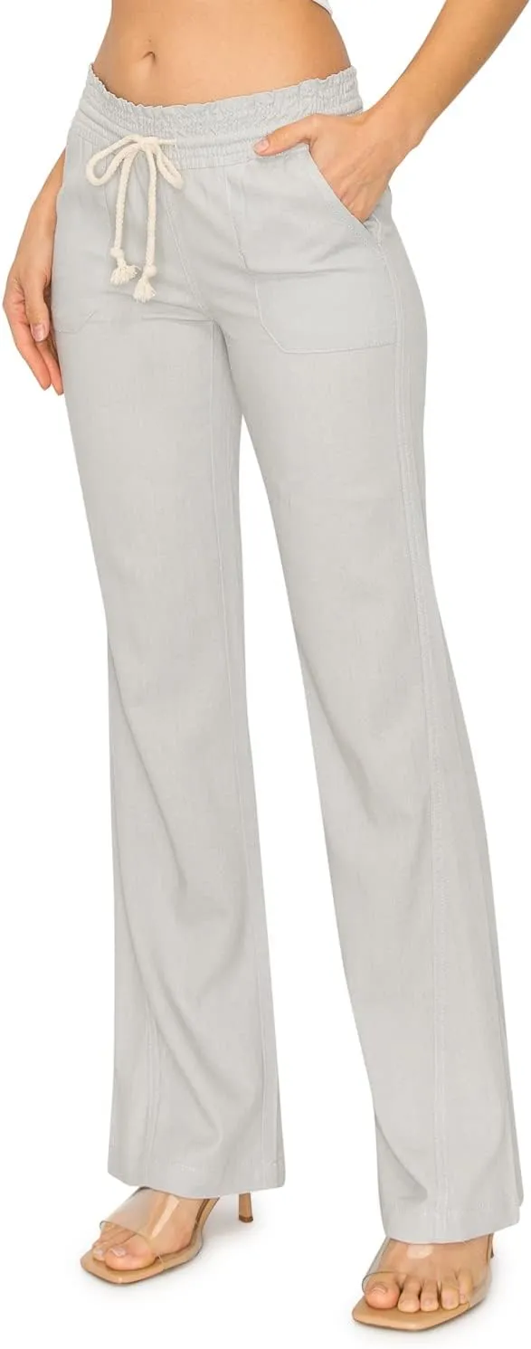 Cali1850 Women's Casual Linen Pants - 29", 32" Oceanside Drawstring Smocked Waist Beach Lounge Trousers with Pockets