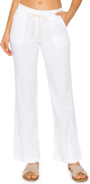 Cali1850 Women's Casual Linen Pants - 29", 32" Oceanside Drawstring Smocked Waist Beach Lounge Trousers with Pockets