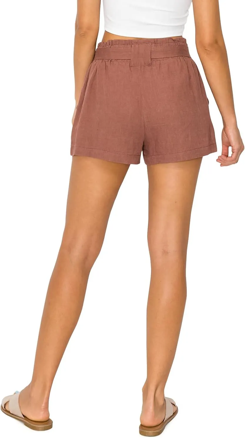 Cali1850 Women's Paperbag Linen Shorts - Oceanside Elastic Waist Self Tie Belt Paper Bag Beach Pants with Pockets