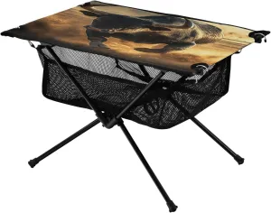 Camping Table Lightweight Portable Folding Table with Mesh Storage Net A Muscular Black Bull Ideal for Camping Hiking Beach Picnic Travel Backyard