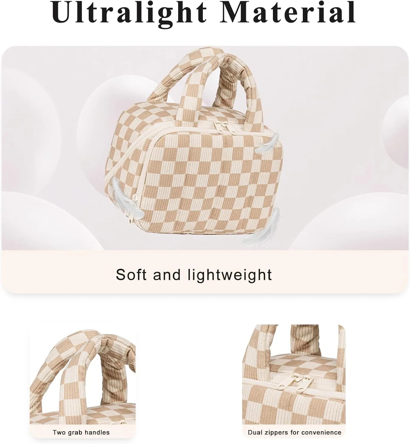 CAMTOP Travel Toiletry Bag for Women Travel Toiletry Organizer Lightweight Large Wide-open Makeup Bag Large Capacity Qulited Cosmetic Bag Puffy for Essentials Organizer (Checkered Brown)