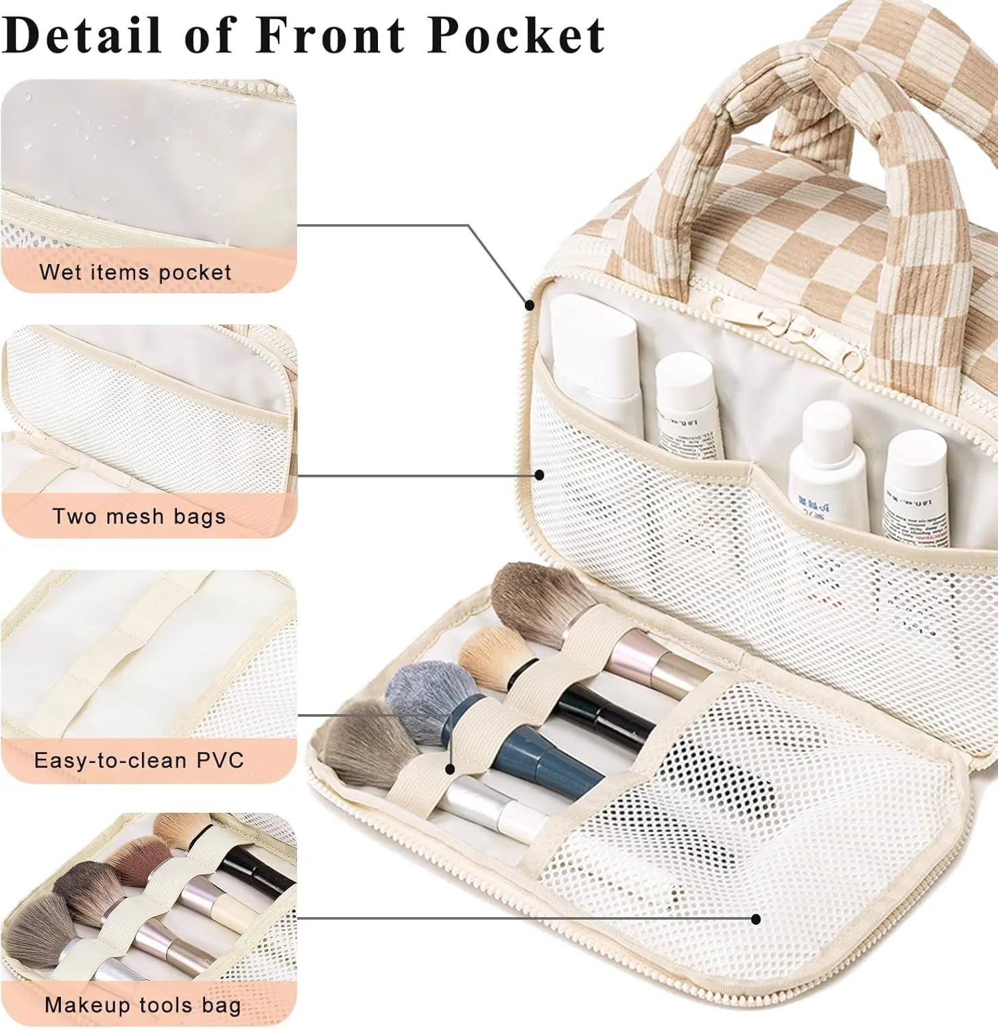 CAMTOP Travel Toiletry Bag for Women Travel Toiletry Organizer Lightweight Large Wide-open Makeup Bag Large Capacity Qulited Cosmetic Bag Puffy for Essentials Organizer (Checkered Brown)