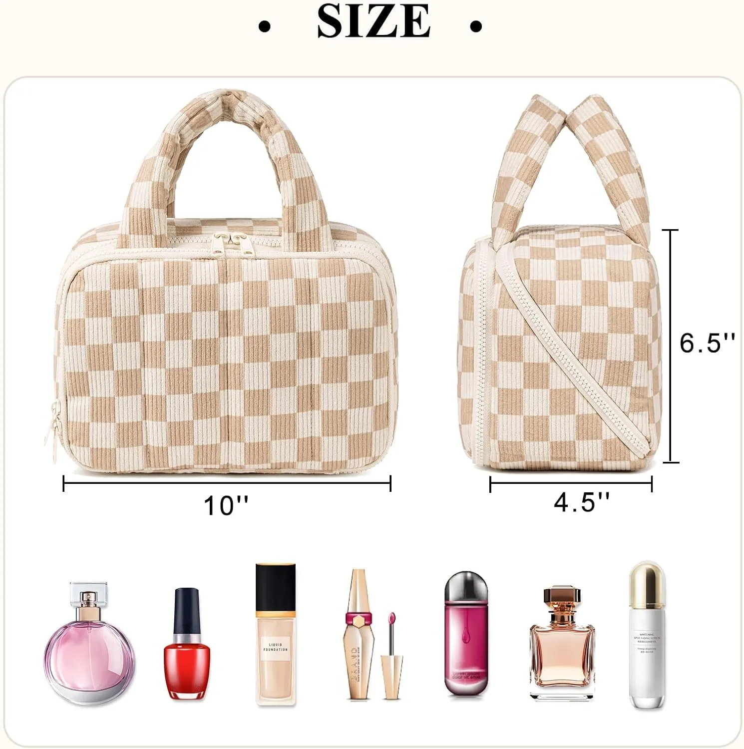 CAMTOP Travel Toiletry Bag for Women Travel Toiletry Organizer Lightweight Large Wide-open Makeup Bag Large Capacity Qulited Cosmetic Bag Puffy for Essentials Organizer (Checkered Brown)
