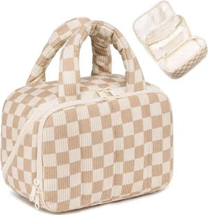 CAMTOP Travel Toiletry Bag for Women Travel Toiletry Organizer Lightweight Large Wide-open Makeup Bag Large Capacity Qulited Cosmetic Bag Puffy for Essentials Organizer (Checkered Brown)