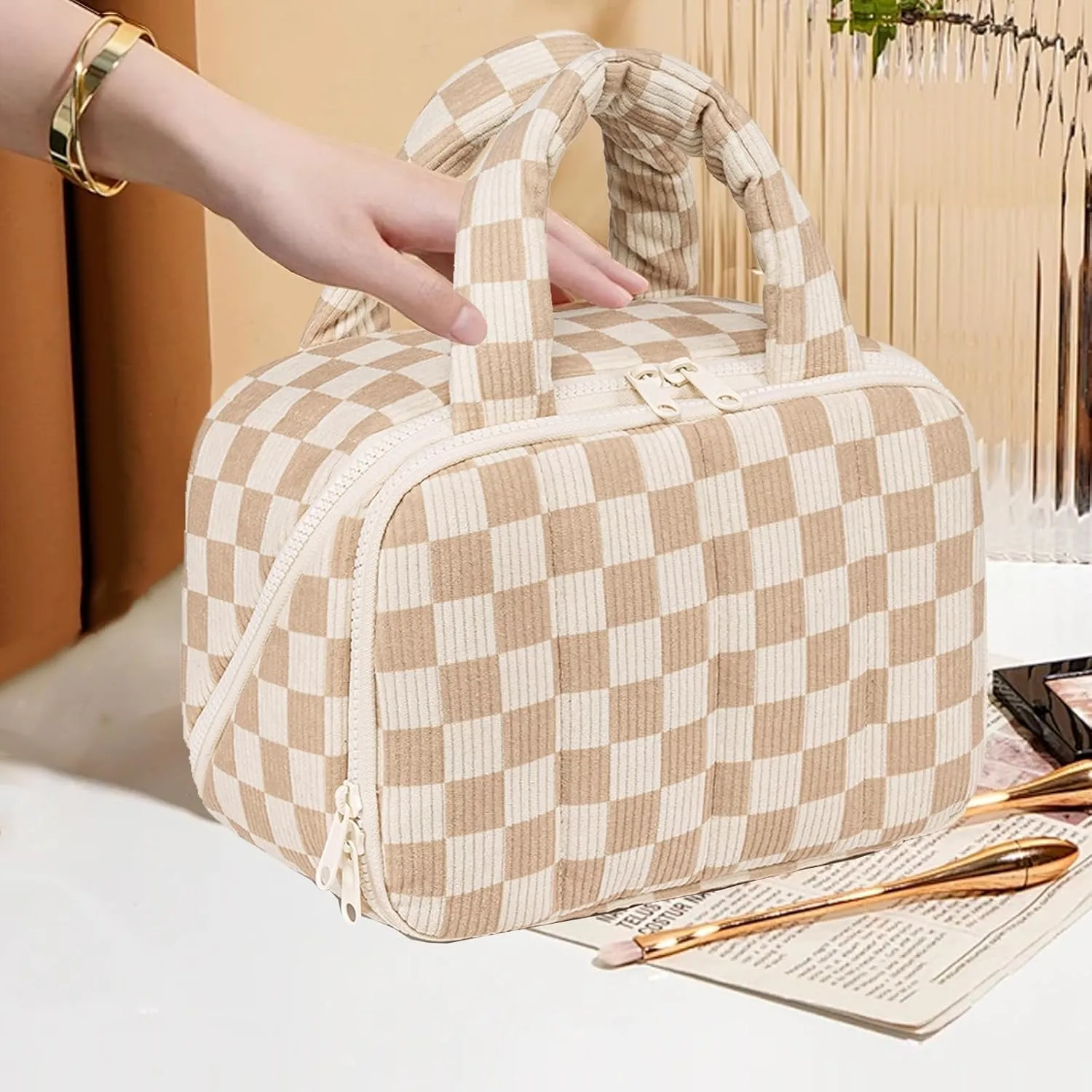 CAMTOP Travel Toiletry Bag for Women Travel Toiletry Organizer Lightweight Large Wide-open Makeup Bag Large Capacity Qulited Cosmetic Bag Puffy for Essentials Organizer (Checkered Brown)