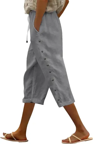 Capri Linen Pants for Women Drawstring Capri Pants with Pockets Wide Leg Cropped Pants for Capri Linen Pants for