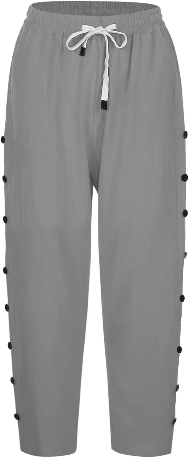 Capri Linen Pants for Women Drawstring Capri Pants with Pockets Wide Leg Cropped Pants for Capri Linen Pants for