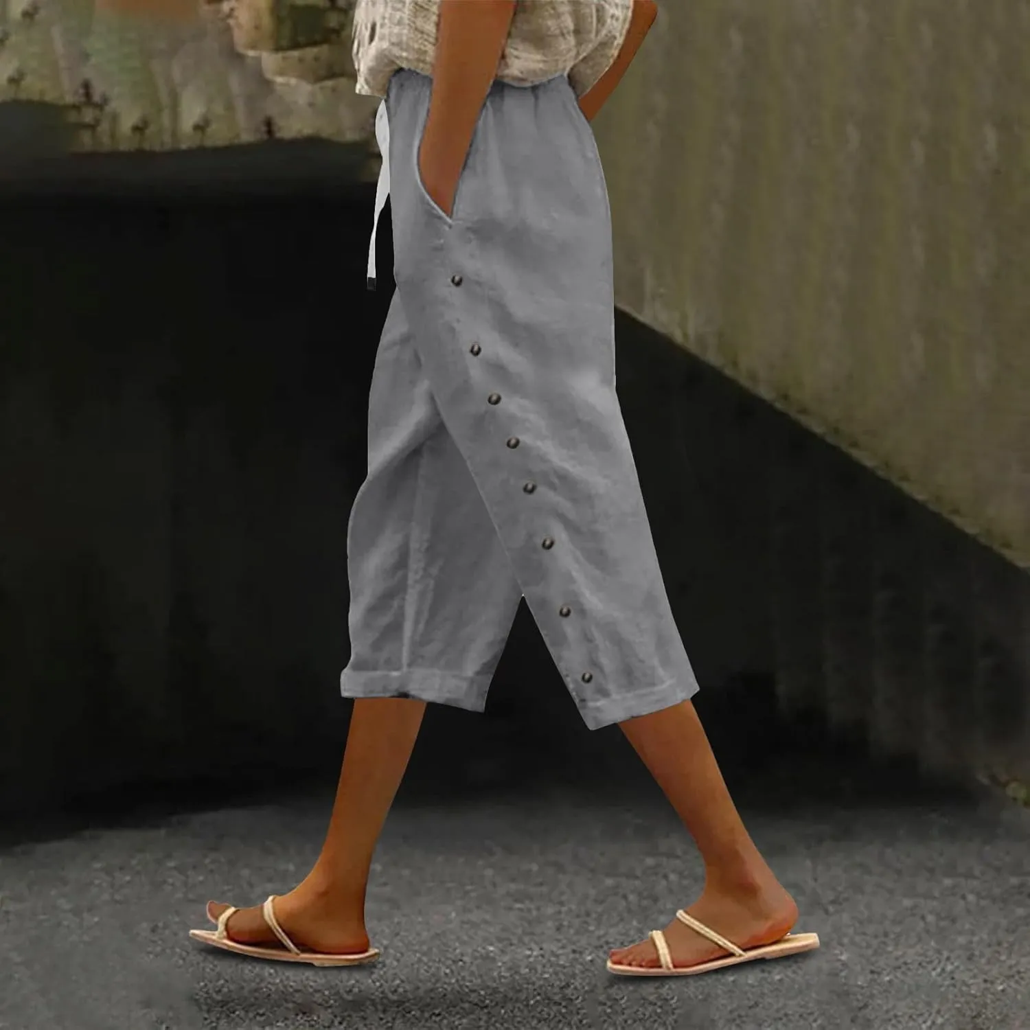 Capri Linen Pants for Women Drawstring Capri Pants with Pockets Wide Leg Cropped Pants for Capri Linen Pants for