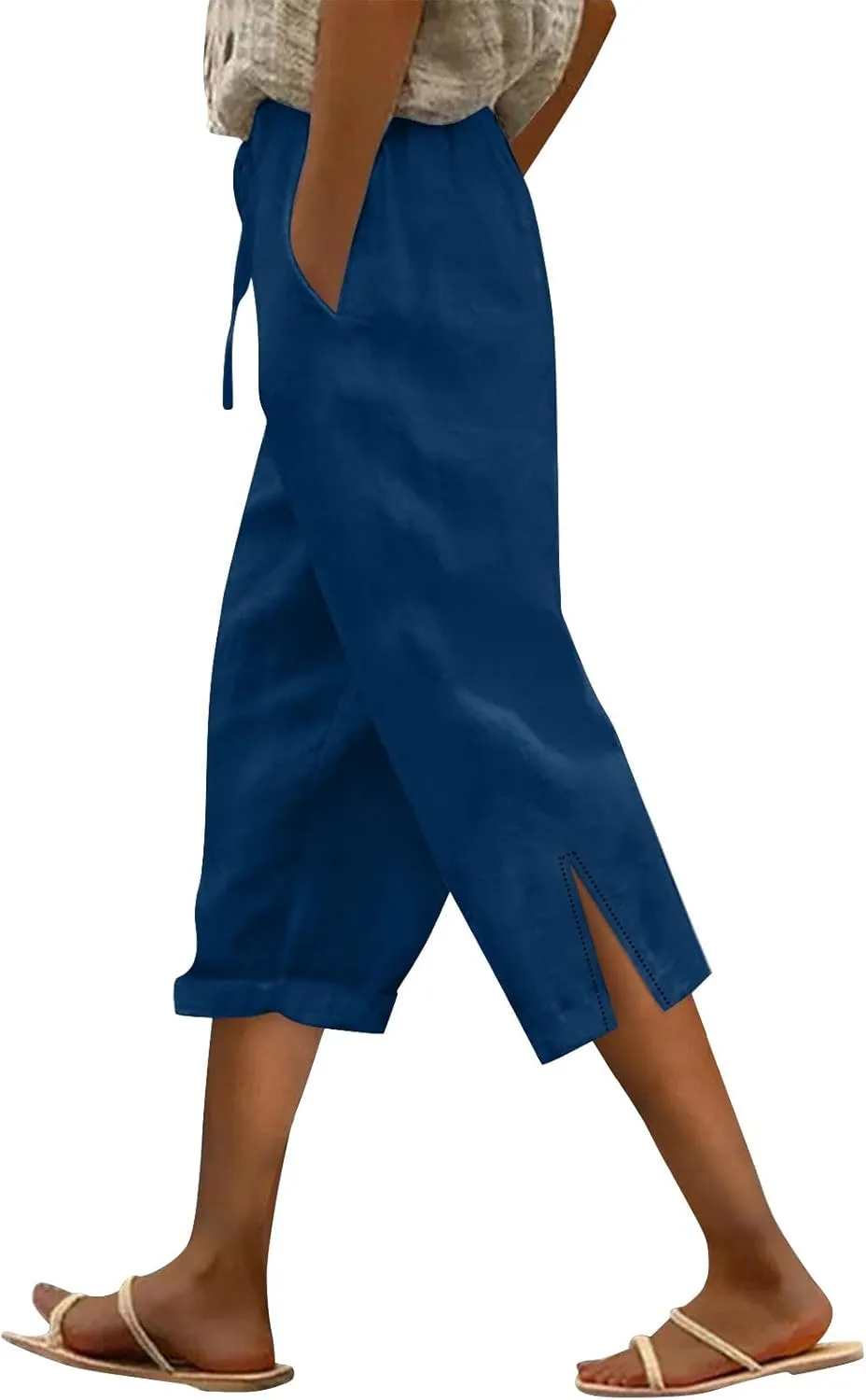 Capris Pants for Women Linen Casual Summer 2025 Wide Leg Cropped Pants Drawstring Elastic Waist Cropped Trouser with Pockets