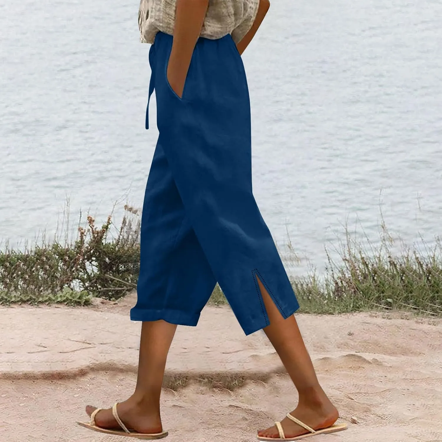 Capris Pants for Women Linen Casual Summer 2025 Wide Leg Cropped Pants Drawstring Elastic Waist Cropped Trouser with Pockets