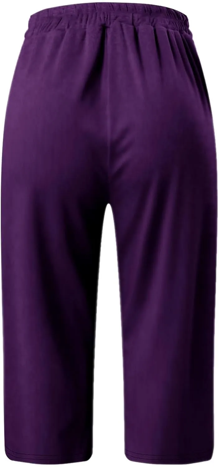 Cargo Capri Pants for Women Wide Leg Linen Pants for Women Loose High Waisted Wide Leg Lounge Drawstring Casual Palazzo
