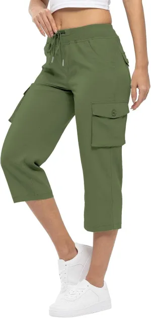 Cargo Capris for Women Summer Casual Drawstring Lightweight Outdoor Travel Hiking Cropped Pants with 6 Pockets