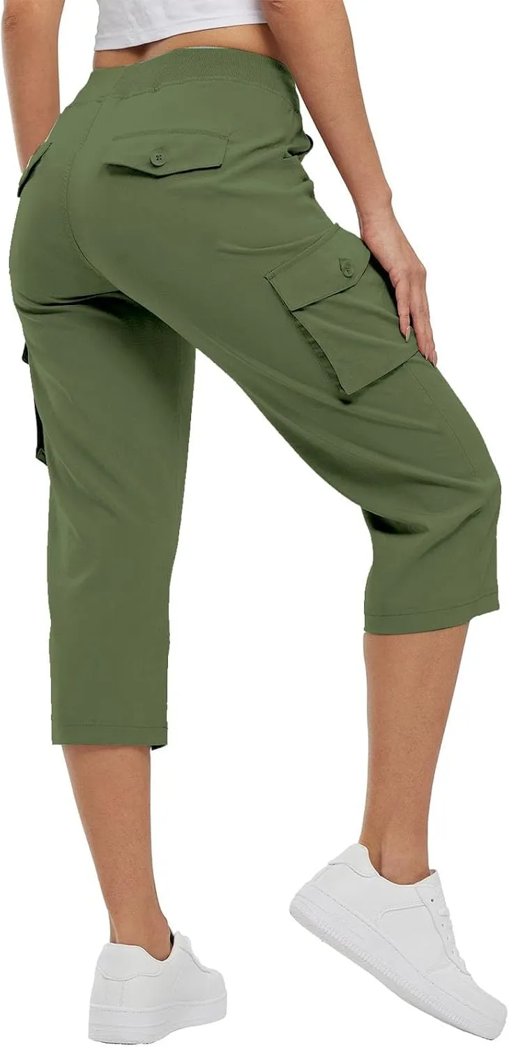 Cargo Capris for Women Summer Casual Drawstring Lightweight Outdoor Travel Hiking Cropped Pants with 6 Pockets