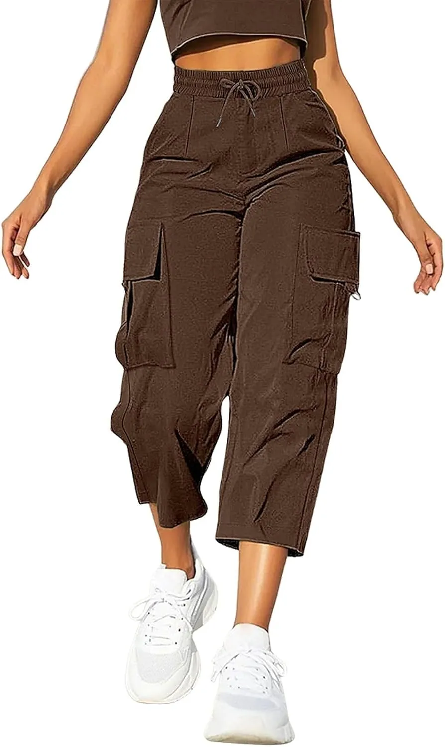 Cargo Capris for Women with Pocket Summer Mid Rise Lightweight Elastic Waist Capri Stretchy Tavel Hiking Pant