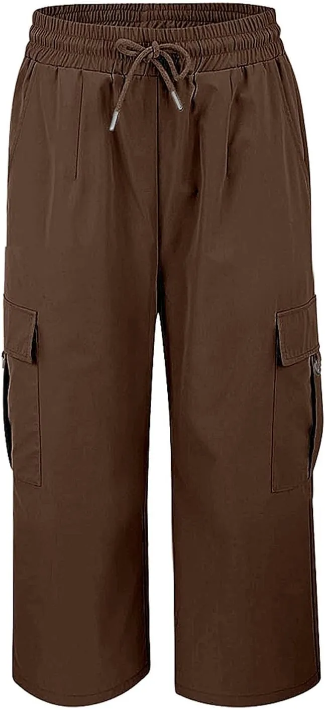 Cargo Capris for Women with Pocket Summer Mid Rise Lightweight Elastic Waist Capri Stretchy Tavel Hiking Pant