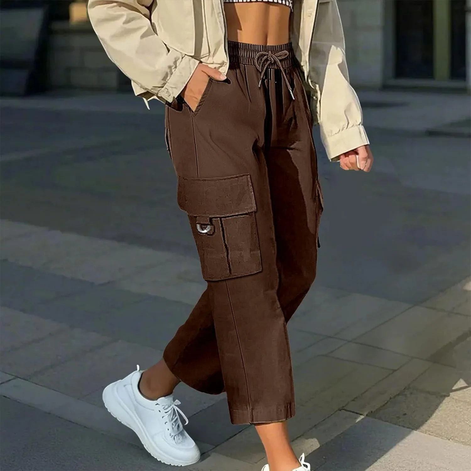 Cargo Capris for Women with Pocket Summer Mid Rise Lightweight Elastic Waist Capri Stretchy Tavel Hiking Pant