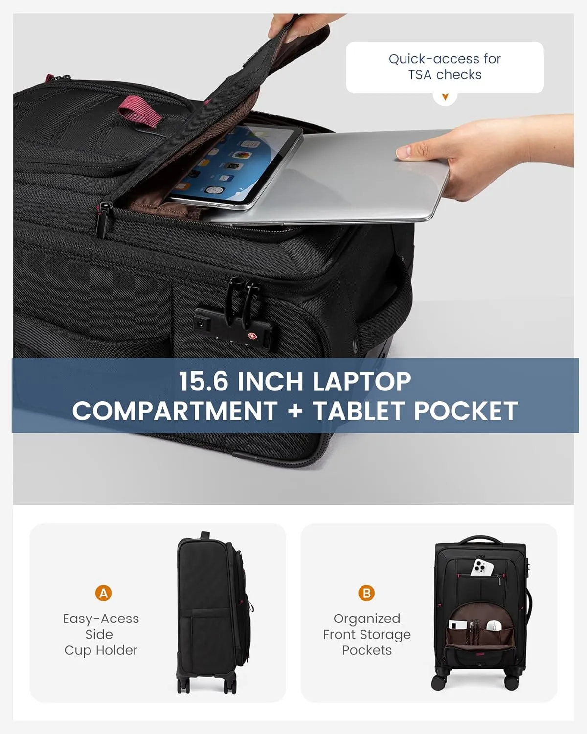 Carry On Luggage 22x14x9 Airline Approved, 22-Inch Suitcases with Spinner Wheels, Softside Carry-on Luggage with TSA Lock for Men Women Business Trip, Lightweight Large Capacity Luggage for Travel