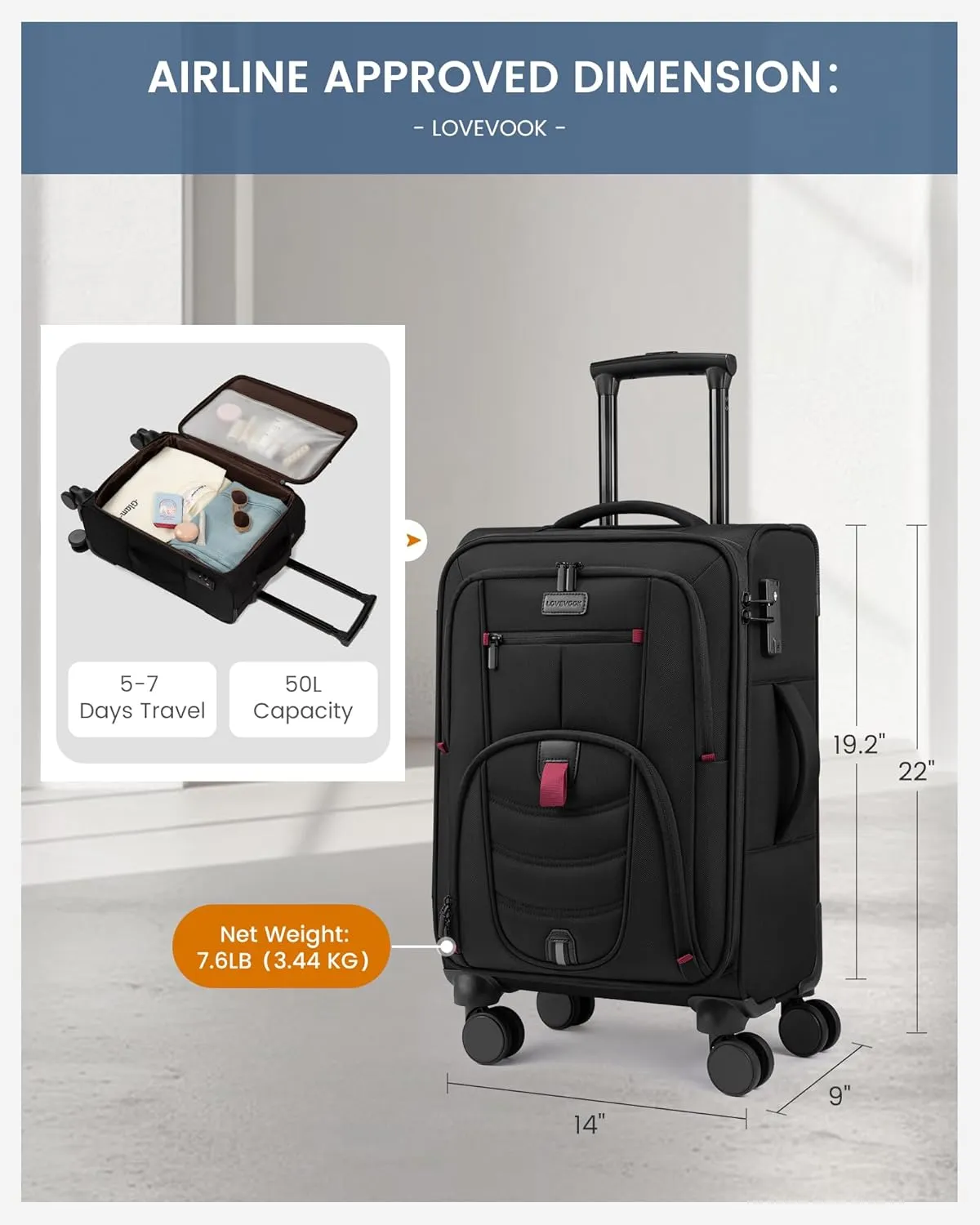 Carry On Luggage 22x14x9 Airline Approved, 22-Inch Suitcases with Spinner Wheels, Softside Carry-on Luggage with TSA Lock for Men Women Business Trip, Lightweight Large Capacity Luggage for Travel