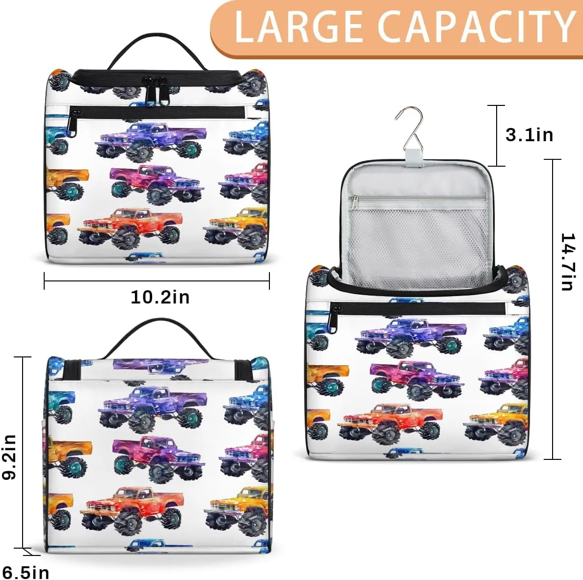 Cars Monster Trucks Travel Toiletry Bag for Men and Women, Large Hanging Makeup Bag Organizer Toiletries Bag for Travel, Cosmetic Bag with Handle