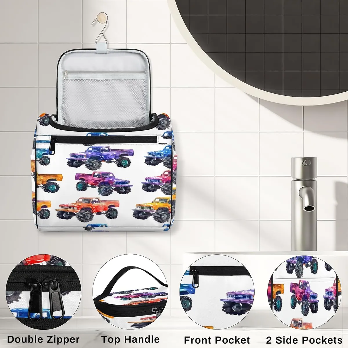 Cars Monster Trucks Travel Toiletry Bag for Men and Women, Large Hanging Makeup Bag Organizer Toiletries Bag for Travel, Cosmetic Bag with Handle