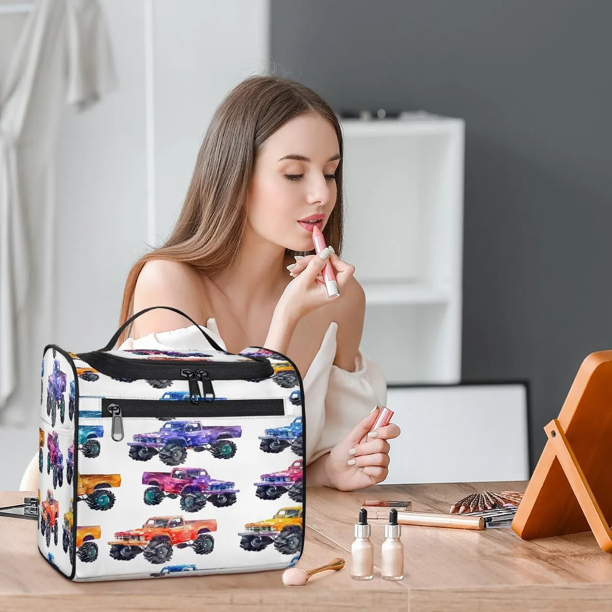 Cars Monster Trucks Travel Toiletry Bag for Men and Women, Large Hanging Makeup Bag Organizer Toiletries Bag for Travel, Cosmetic Bag with Handle